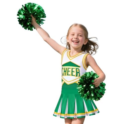 Costumerry Cheerleader Costume for Girls Cheerleading Outfit with Pom Poms Halloween Dress Up Party (Green, 9-10 Years) - Image 1