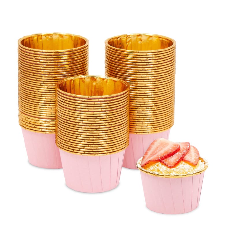 Sparkle and Bash 100 Pack Gold Aluminum Foil Cupcake Liners 275x15Inch Pink Colored Baking Cups for Muffins and Baked Desserts Small Goodie Containers for Loose Nuts and Candies 