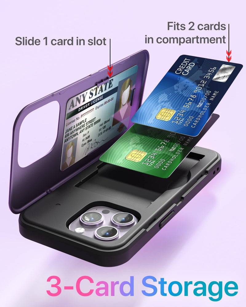 TORU for iPhone 14 Pro Wallet Case with Card Holder, Hidden ID Credit Card Slot Flip Kickstand, Slim Fit Shockproof Heavy Duty Phone Cover with Strap - Purple - Image 3