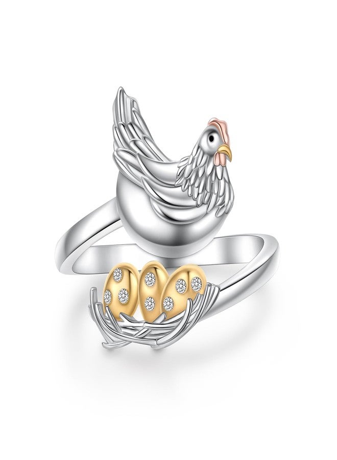 Alphm 925 Sterling Silver Chicken Ring for Women Adjustable Open Hen Egg Rings Cute Farm Jewelry Chicken Lovers Gifts - Image 1