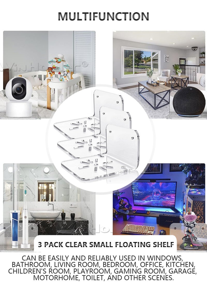 Generic - Acrylic Clear Small Wall Shelf Set of 3 for Security Cameras, Speakers, Baby Monitors, Universal Adhesive Shelf Easy to Install No Drill, with Cable Clips - Image 1