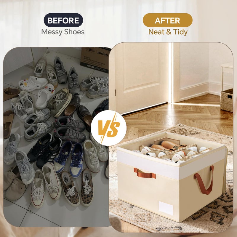 Criusia Shoe Organizer for Closet, 2 Pack Foldable Shoe Storage Organizer Box Bin with Adjustable Dividers and Clear Cover, Closet Shoe Storage for Sneakers Sandals Boots, Fit 16-32 Pairs, Beige - Image 2