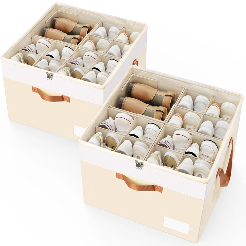 Criusia Shoe Organizer for Closet, 2 Pack Foldable Shoe Storage Organizer Box Bin with Adjustable Dividers and Clear Cover, Closet Shoe Storage for Sneakers Sandals Boots, Fit 16-32 Pairs, Beige - Image 1