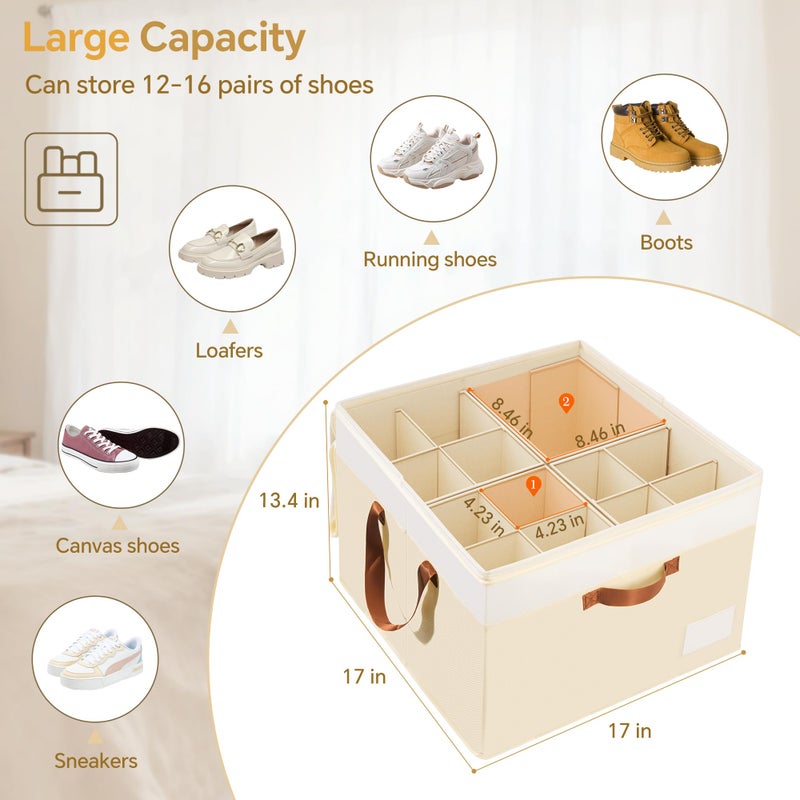 Criusia Shoe Organizer for Closet, 2 Pack Foldable Shoe Storage Organizer Box Bin with Adjustable Dividers and Clear Cover, Closet Shoe Storage for Sneakers Sandals Boots, Fit 16-32 Pairs, Beige - Image 4
