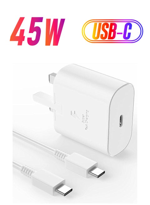 شاحن سامسونج سريع 45 وات من النوع C شاحن سريع للغاية 45 وات مع كابل USB-C بطول 1 متر، شاحن أندرويد لهاتف Samsung Galaxy S23 Ultra/S23/S23+/S22/S22 Ultra/S22+/Note 10/20/S20/S21/Tab S7/S8
