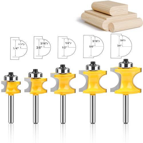 WSOOX 5PCS Bullnose Beading Router Bits with 1/4-Inch Shank Carbide-Tipped Corner Beading Bits Set Radius:1/4",3/8",1/2",5/8",3/4" - Image 2