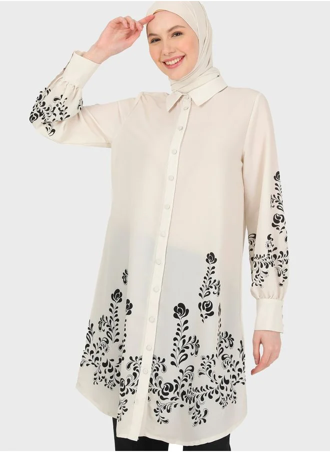 Refka by modanisa Button Detail Printed Tunic