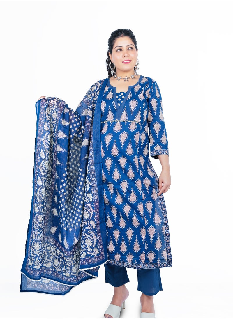 PRIYA’S PANACHE Women's Cotton Kurta Set with Palazzo & Cotton Dupatta | Traditional Indian Salwar Kameez | Ready-to-Wear Ethnic Outfit  - Image 1
