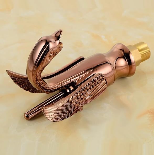 B BACKLINE خلاط حوض براكلاين نحاسي بتصميم عنق البجعة مع مقبض واحد للماء الساخن والبارد، صنبور عمود لحوض الغسيل بتصميم شلال للحمام وغرفة المعيشة بلون روز جولد، جسم قصير - Image 2