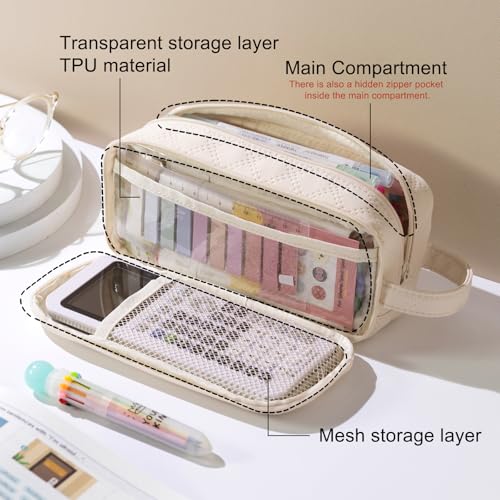 EASTHILL Large Capacity Pencil Case Cute Pencil Pouch with Handle Stationery Pen Bag for Teen Girls-Cream - Image 2