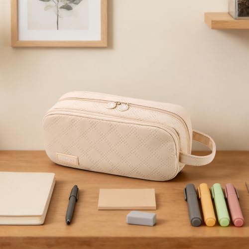 EASTHILL Large Capacity Pencil Case Cute Pencil Pouch with Handle Stationery Pen Bag for Teen Girls-Cream - Image 5