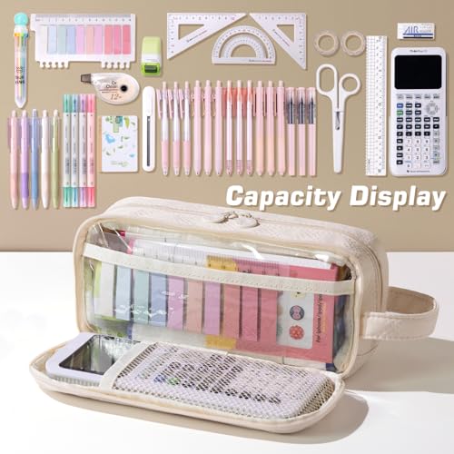 EASTHILL Large Capacity Pencil Case Cute Pencil Pouch with Handle Stationery Pen Bag for Teen Girls-Cream - Image 4