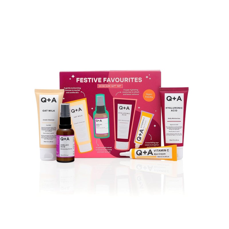 Q+A Festive Favourites Gift Set containing a Hyaluronic Acid Moisturiser 75ml an Oat Milk Cream Cleanser 75ml an Azelaic Acid Serum 30ml and a Caffeine Eye Serum 15ml - Image 1