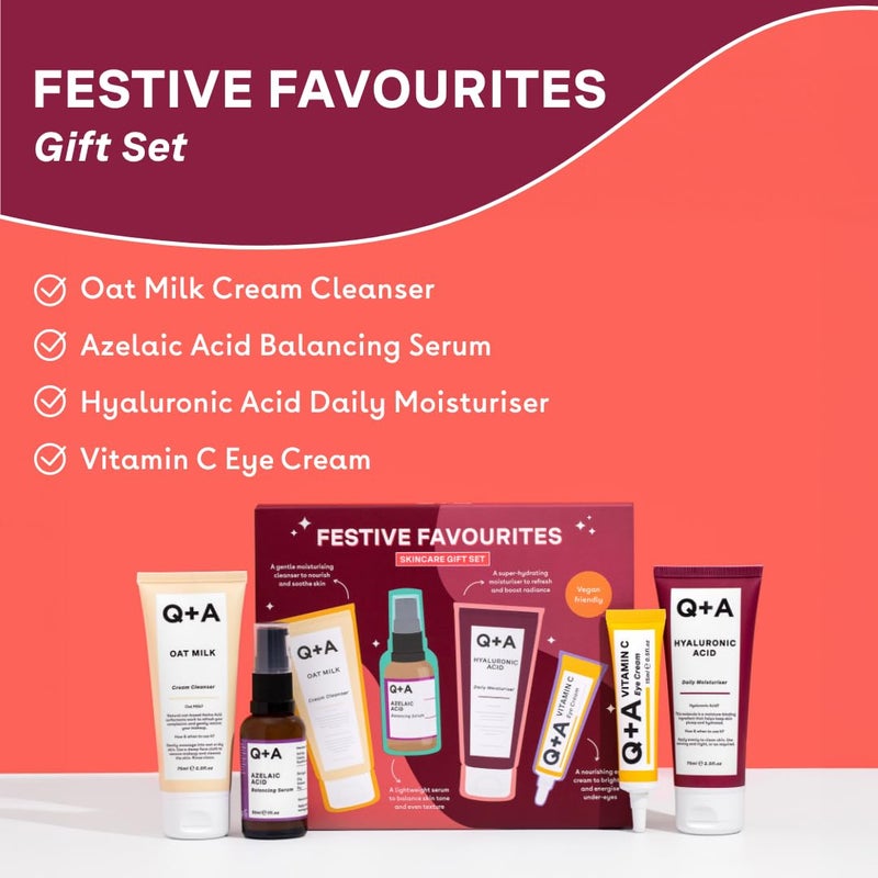 Q+A Festive Favourites Gift Set containing a Hyaluronic Acid Moisturiser 75ml an Oat Milk Cream Cleanser 75ml an Azelaic Acid Serum 30ml and a Caffeine Eye Serum 15ml - Image 3