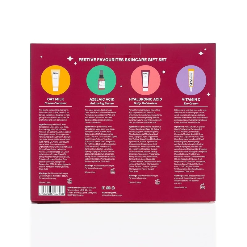 Q+A Festive Favourites Gift Set containing a Hyaluronic Acid Moisturiser 75ml an Oat Milk Cream Cleanser 75ml an Azelaic Acid Serum 30ml and a Caffeine Eye Serum 15ml - Image 4
