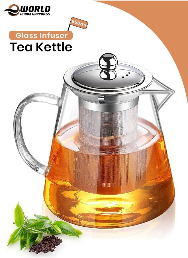 Eworld Borosilicate Glass Teapot with Heat Resistant Handle and Stainless Steel Infuser for Loose Leaf, Herbal, Flower and Blooming Tea, Stovetop and Microwave Safe Elegant Tea Kettle for Perfect Infuse, 950ml.  - Image 1