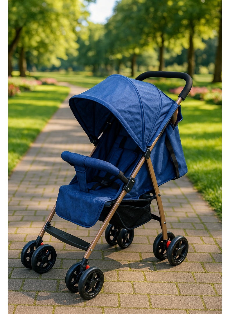 اس ام ار كيدز عربة أطفال قابلة للطي، هيكل معدني خفيف الوزن،تصميم مريح بعجلات مزدوجة، مع مظلة واقية من الشمس، حزام أمان، سلة تخزين سفلية (أزرق) - Image 1
