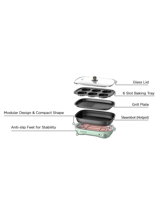 BLACK+DECKER 1400W Multifunction Grill, 4.0L Family-sized, Dual Pattern Grill Plate, 3 Interchangeable Non-stick Detachable Pans with Hotpot, For Grilling, Baking, Frying GMF140