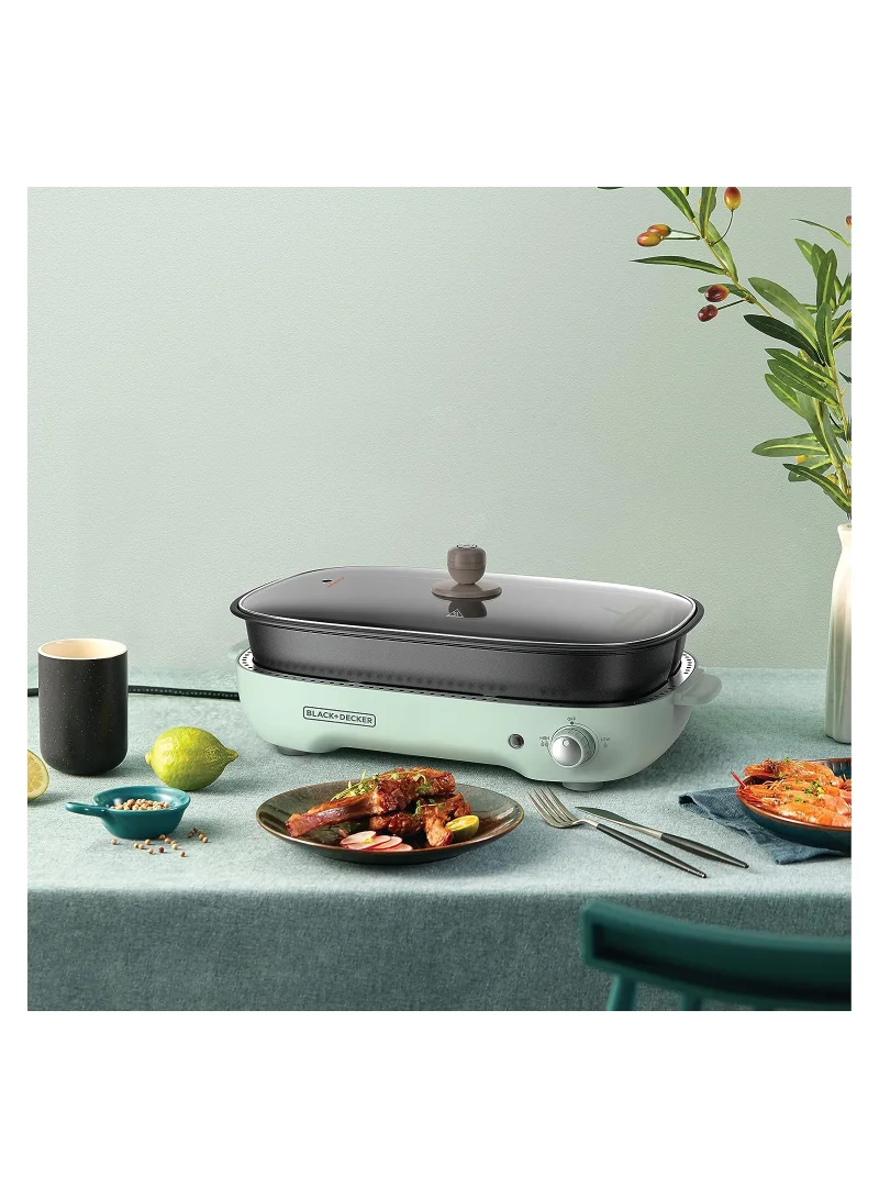 BLACK+DECKER 1400W Multifunction Grill, 4.0L Family-sized, Dual Pattern Grill Plate, 3 Interchangeable Non-stick Detachable Pans with Hotpot, For Grilling, Baking, Frying GMF140