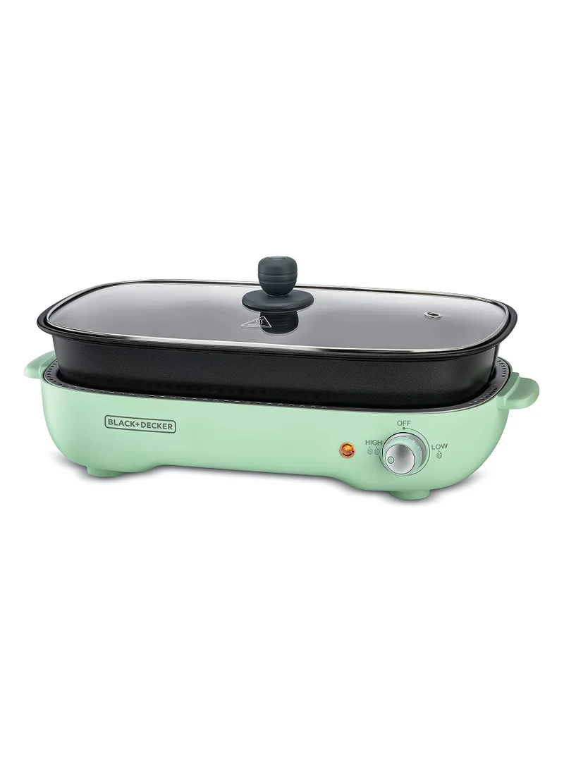 BLACK+DECKER 1400W Multifunction Grill, 4.0L Family-sized, Dual Pattern Grill Plate, 3 Interchangeable Non-stick Detachable Pans with Hotpot, For Grilling, Baking, Frying GMF140