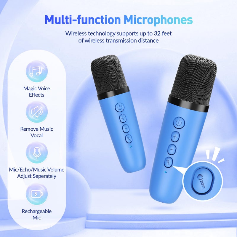 BEILIHART Mini Karaoke Machine for Kids Adults: Portable Bluetooth Karaoke Speaker with 2 Wireless Microphones, Karaoke Gifts for Girls Boys Ages 4-12+ Years Old Christmas Birthday Home Party(Navy Blue) - Image 5