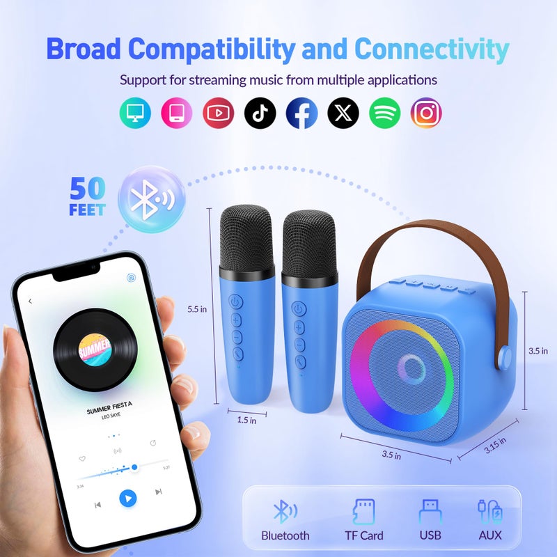 BEILIHART Mini Karaoke Machine for Kids Adults: Portable Bluetooth Karaoke Speaker with 2 Wireless Microphones, Karaoke Gifts for Girls Boys Ages 4-12+ Years Old Christmas Birthday Home Party(Navy Blue) - Image 3