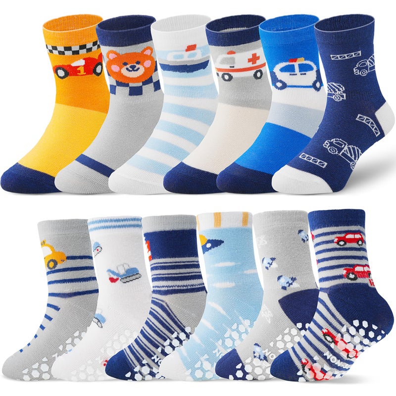 ANTSANG 12 Pairs Baby Girls Boys Toddlers Kids Grips Socks Crew Cotton Non-Slip/Anti-Skid Grips Socks(Striped Car,3-5T) - Image 1