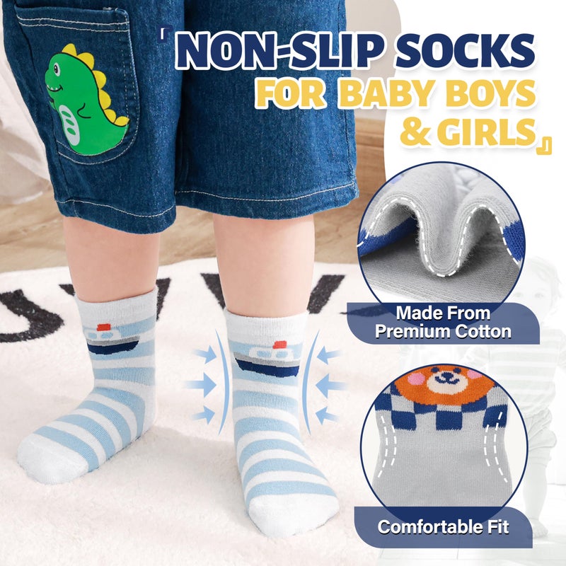 ANTSANG 12 Pairs Baby Girls Boys Toddlers Kids Grips Socks Crew Cotton Non-Slip/Anti-Skid Grips Socks(Striped Car,3-5T) - Image 3