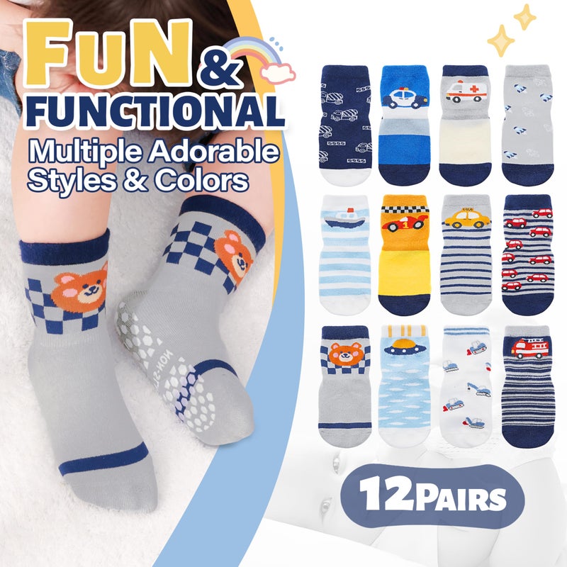 ANTSANG 12 Pairs Baby Girls Boys Toddlers Kids Grips Socks Crew Cotton Non-Slip/Anti-Skid Grips Socks(Striped Car,3-5T) - Image 2