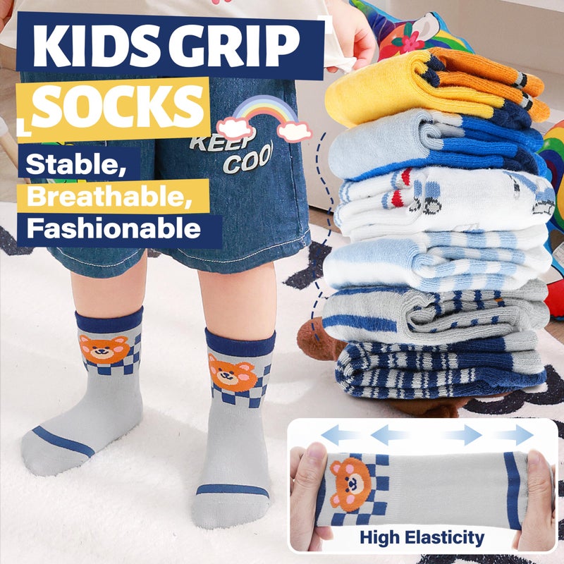 ANTSANG 12 Pairs Baby Girls Boys Toddlers Kids Grips Socks Crew Cotton Non-Slip/Anti-Skid Grips Socks(Striped Car,3-5T) - Image 5