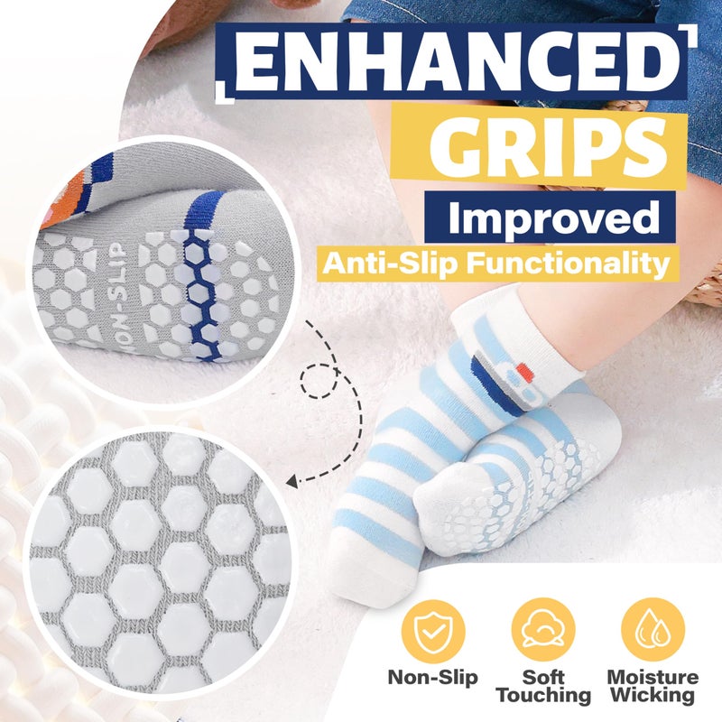 ANTSANG 12 Pairs Baby Girls Boys Toddlers Kids Grips Socks Crew Cotton Non-Slip/Anti-Skid Grips Socks(Striped Car,3-5T) - Image 4