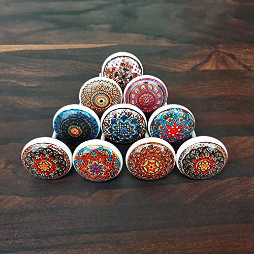 Craft Trade Mandala Ceramic Knobs for Door Drawer Vintage Assorted Colourful Pottery Drawer Handle Pulls for Kitchen Cabinets, Wardrobe and Cupboards - Pack of 10, Red Multi - Image 3