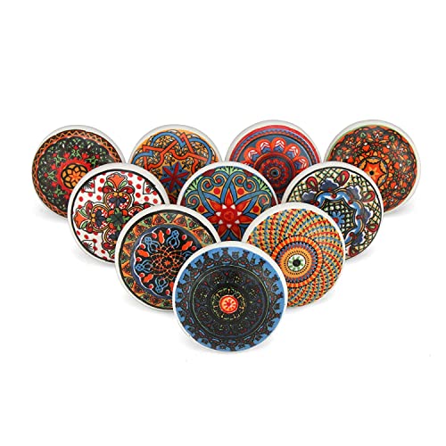 Craft Trade Mandala Ceramic Knobs for Door Drawer Vintage Assorted Colourful Pottery Drawer Handle Pulls for Kitchen Cabinets, Wardrobe and Cupboards - Pack of 10, Red Multi - Image 1