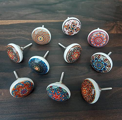 Craft Trade Mandala Ceramic Knobs for Door Drawer Vintage Assorted Colourful Pottery Drawer Handle Pulls for Kitchen Cabinets, Wardrobe and Cupboards - Pack of 10, Red Multi - Image 4