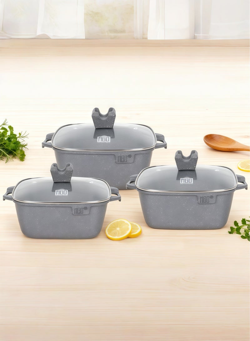 MGC Brand Gray Stone Non Stick Square Pot 6-Piece Set (Including Three Pot Lids) - Image 3