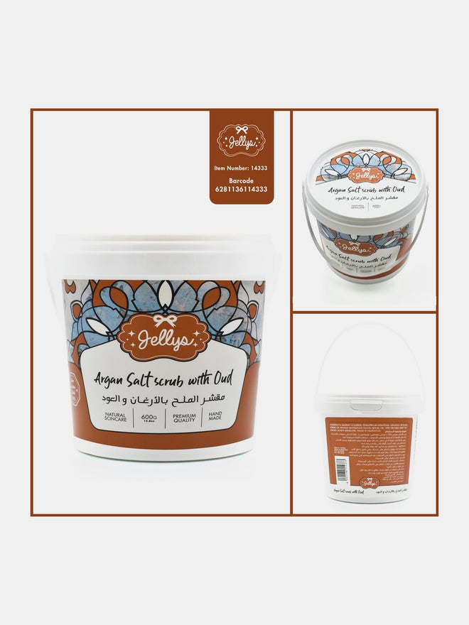 Jellys Argan Salt Scrub with Oud, 600g - Image 1