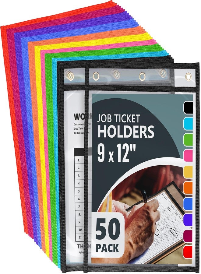 JUZARI 50 Pack Job Ticket Holders 9x12 inch - Colored Work Order Plastic Sleeves Shop Ticket Holders Dry Erase Pocket Sleeves Dry Erase Pockets Clear Pocket Sleeve Tickets Holder Plastic Sleeve - Image 1