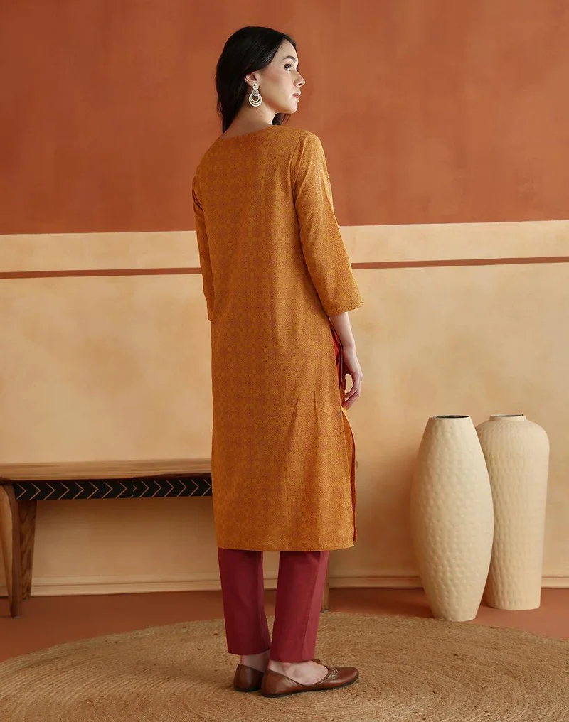 Fabindia  Avni Mustard Cotton Printed Geometric Kurta & Pant Set for Women | Best Price UAE