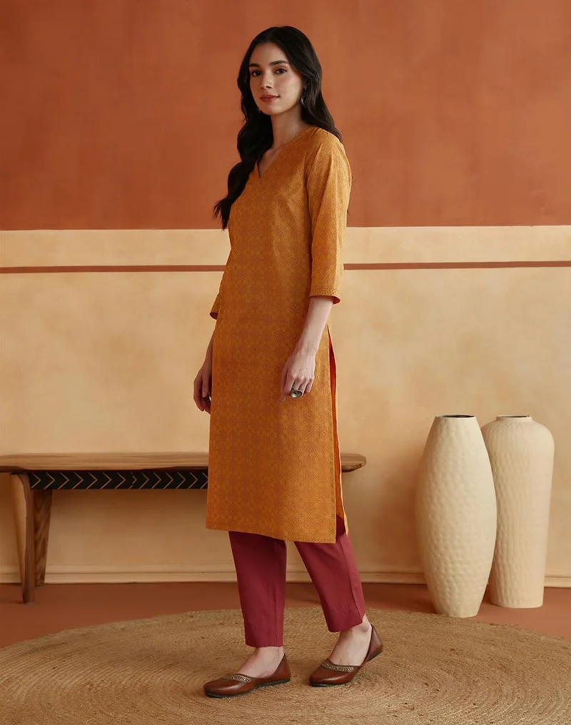 Fabindia  Avni Mustard Cotton Printed Geometric Kurta & Pant Set for Women | Best Price UAE