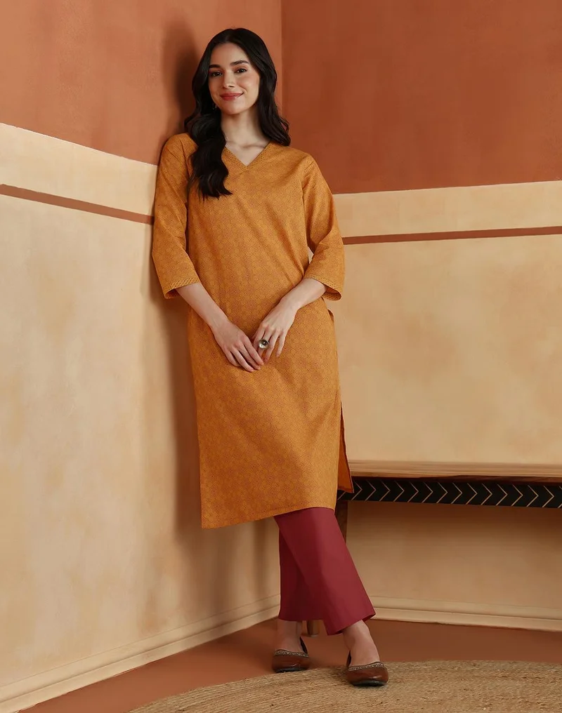 Avni Mustard Cotton Printed Geometric Kurta & Pant Set