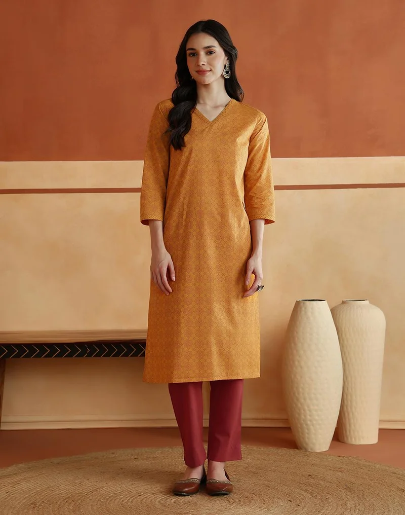 Fabindia  Avni Mustard Cotton Printed Geometric Kurta & Pant Set for Women | Best Price UAE