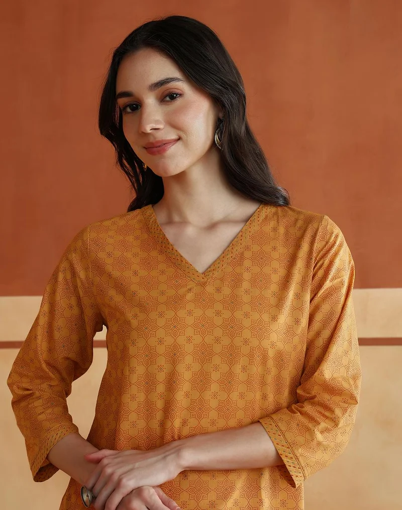 Fabindia  Avni Mustard Cotton Printed Geometric Kurta & Pant Set for Women | Best Price UAE