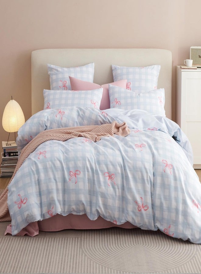 Bildenly Duvet Cover Queen Size Blue Plaid Pink Bowknot Comforter Cover Soft & Lightweight Microfiber Quilt Cover with Zipper Closure and 2 Pillowcases - Image 1