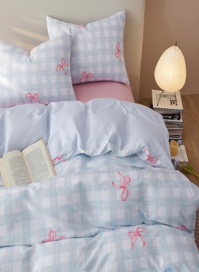 Bildenly Duvet Cover Queen Size Blue Plaid Pink Bowknot Comforter Cover Soft & Lightweight Microfiber Quilt Cover with Zipper Closure and 2 Pillowcases - Image 3