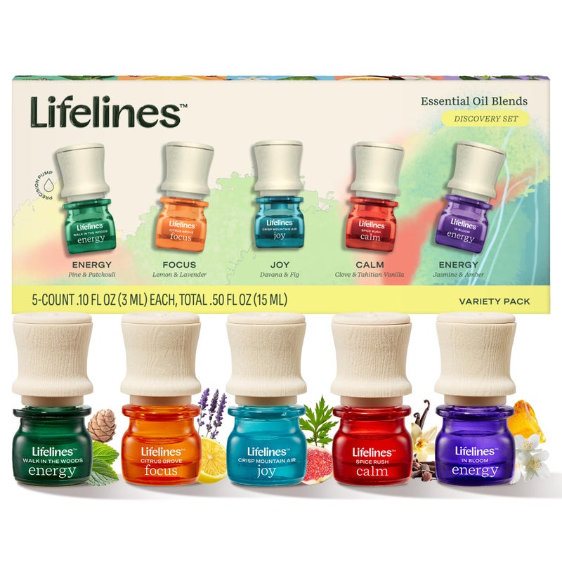 Lifelines Essential Oil Blends, 5-Pack Discovery Set - Blended Essential Oils with Precision Pump for Aromatherapy Diffusers - Long-Lasting Scented Fragrance - Joy, Calm, Focus & Energy Blends - Image 1