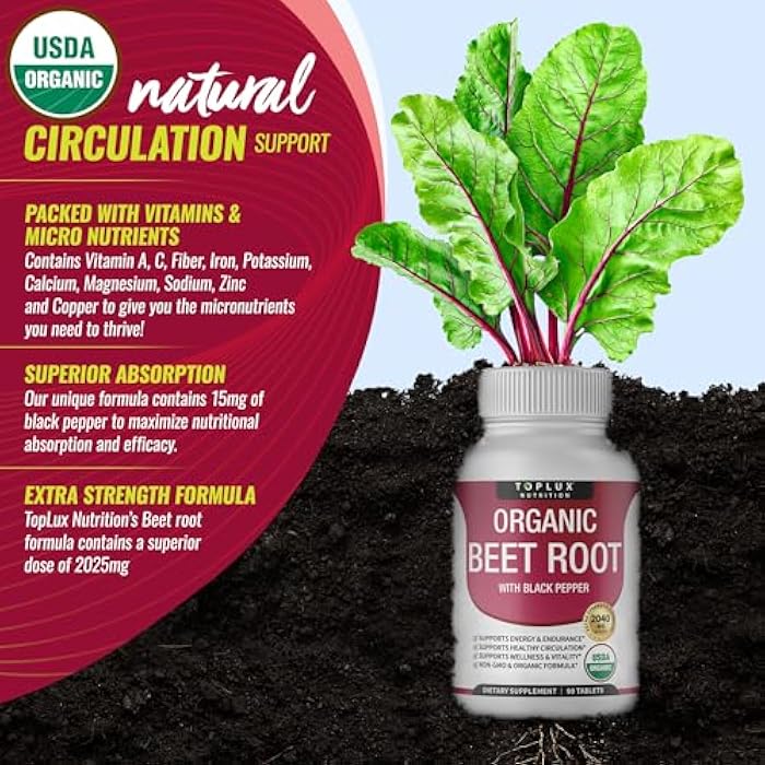 Toplux Organic Beet Root Powder Tablets - 2040mg Natural Nitric Oxide Beets to Support, Energy, Black Pepper Better Absorption, Non-GMO, for Men Women, 90 Tablets - Image 4