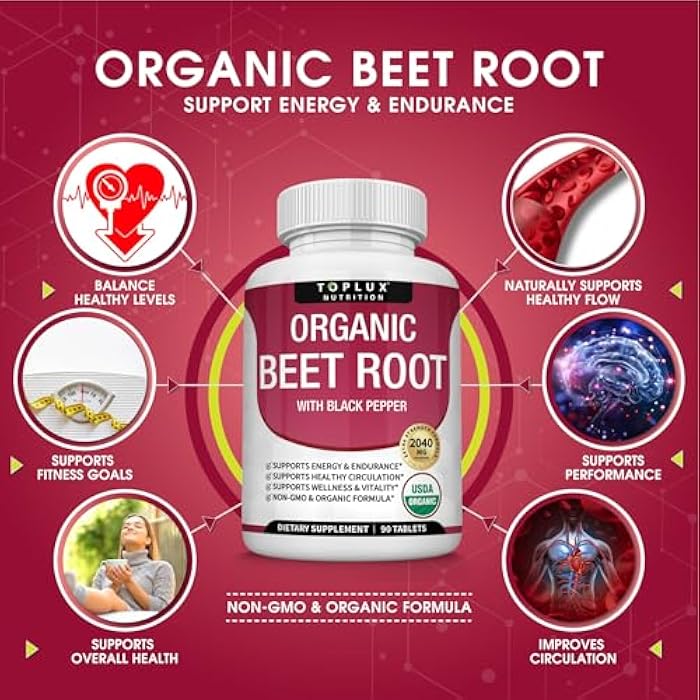 Toplux Organic Beet Root Powder Tablets - 2040mg Natural Nitric Oxide Beets to Support, Energy, Black Pepper Better Absorption, Non-GMO, for Men Women, 90 Tablets - Image 5