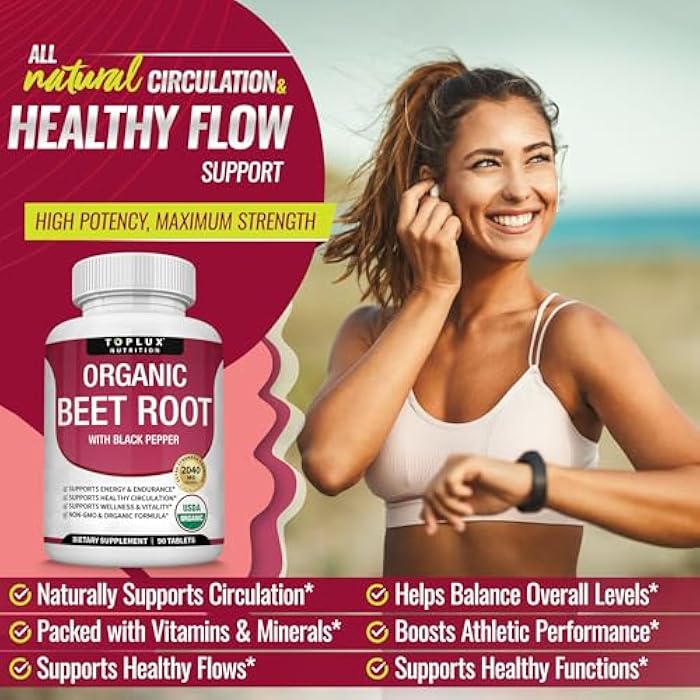 Toplux Organic Beet Root Powder Tablets - 2040mg Natural Nitric Oxide Beets to Support, Energy, Black Pepper Better Absorption, Non-GMO, for Men Women, 90 Tablets - Image 3