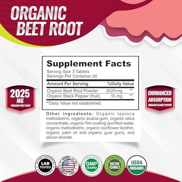 Toplux Organic Beet Root Powder Tablets - 2040mg Natural Nitric Oxide Beets to Support, Energy, Black Pepper Better Absorption, Non-GMO, for Men Women, 90 Tablets - Image 2