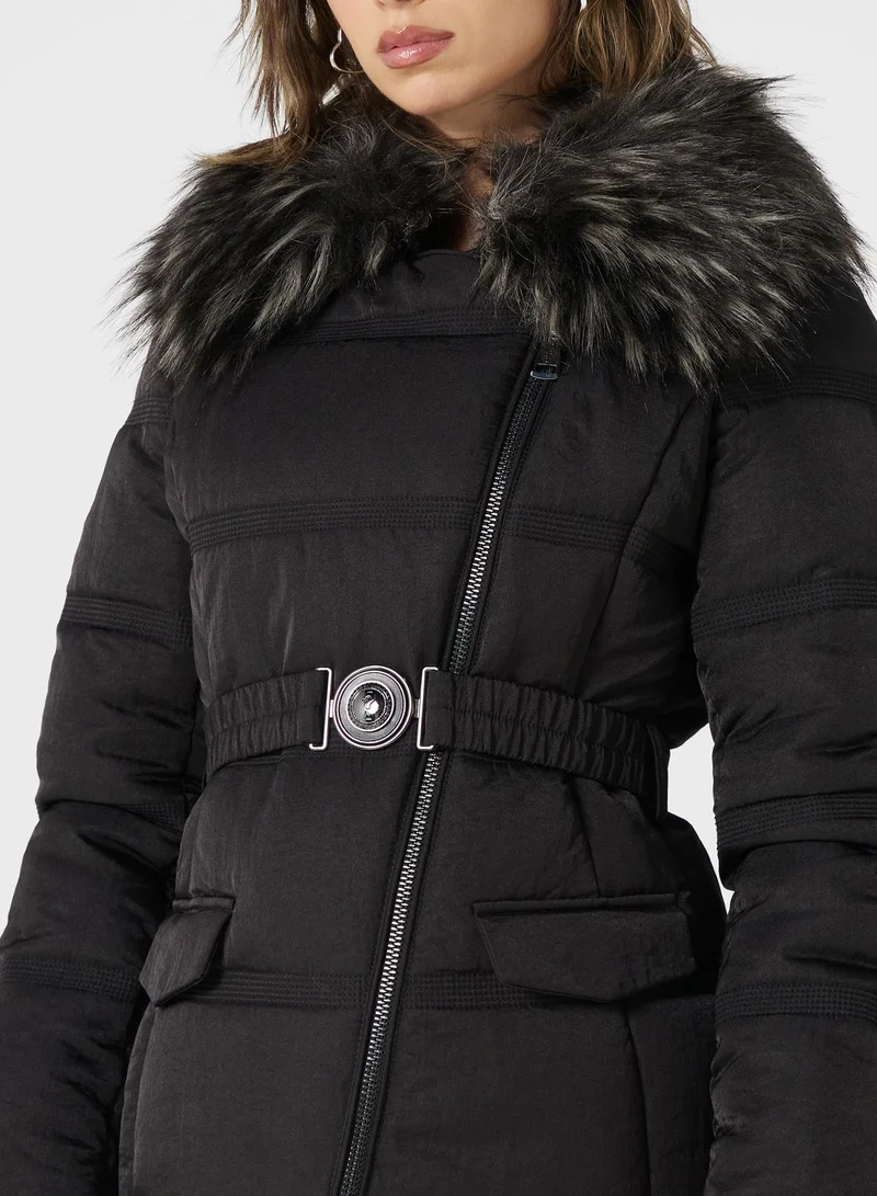 GUESS Belted Fut Detail Jacket